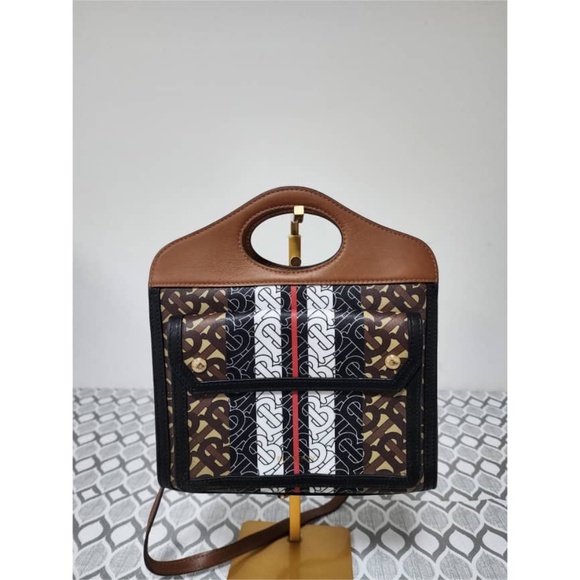Burberry Handbags - Authentic BURBERRY Pocket Mini Monogram Stripe E-Canvas Shoulder Bag Brown/Black